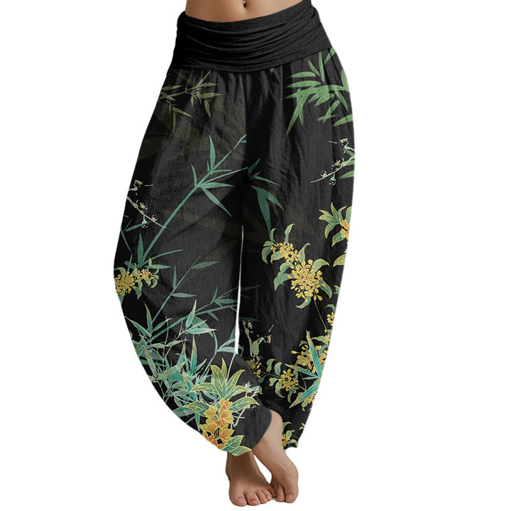 Buddha Stones Blooming Flowers Bamboo Pattern Women's Elastic Waist Harem Pants