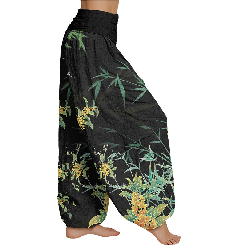 Buddha Stones Blooming Flowers Bamboo Pattern Women's Elastic Waist Harem Pants