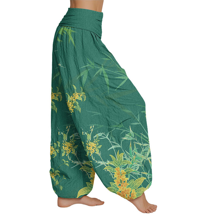 Buddha Stones Blooming Flowers Bamboo Pattern Women's Elastic Waist Harem Pants