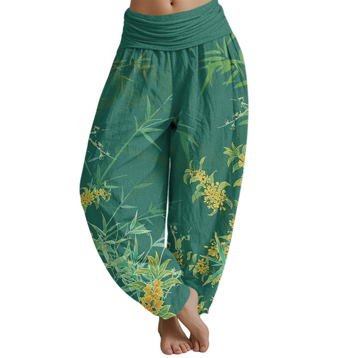 Buddha Stones Blooming Flowers Bamboo Pattern Women's Elastic Waist Harem Pants