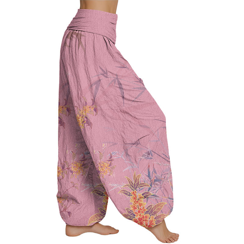 Buddha Stones Blooming Flowers Bamboo Pattern Women's Elastic Waist Harem Pants