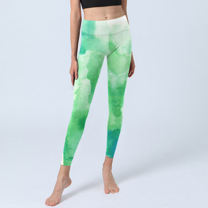 Buddha Stones Green Ink Wash Pattern Gym Leggings Women's Yoga Pants