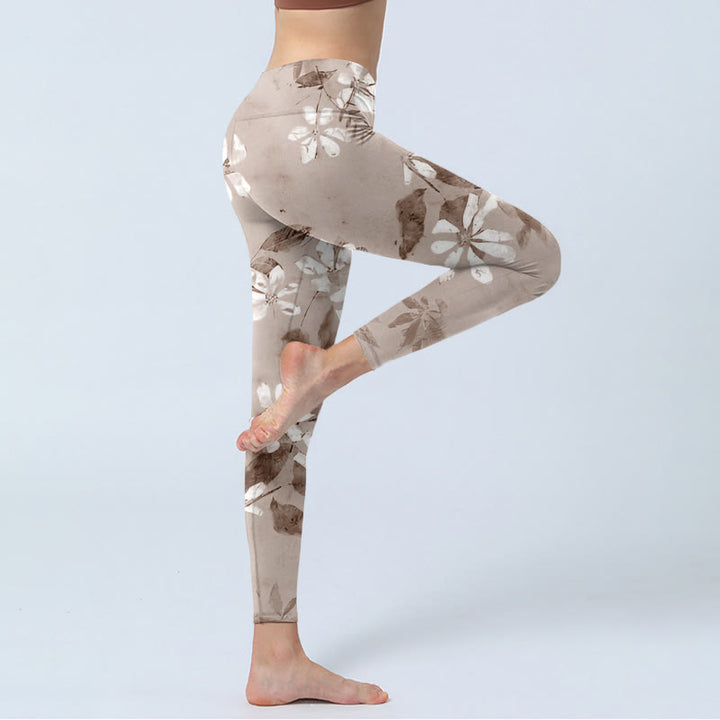 Buddha Stones White Brown Flowers Pattern Gym Leggings Women's Yoga Pants