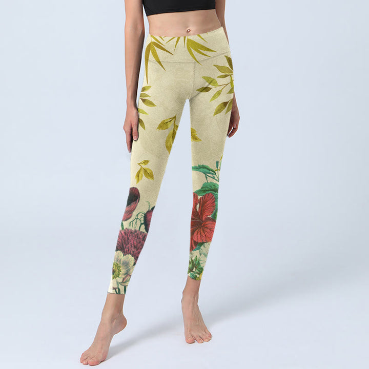 Buddha Stones Golden Green Leaves Colorful Flowers Gym Leggings Women's Yoga Pants