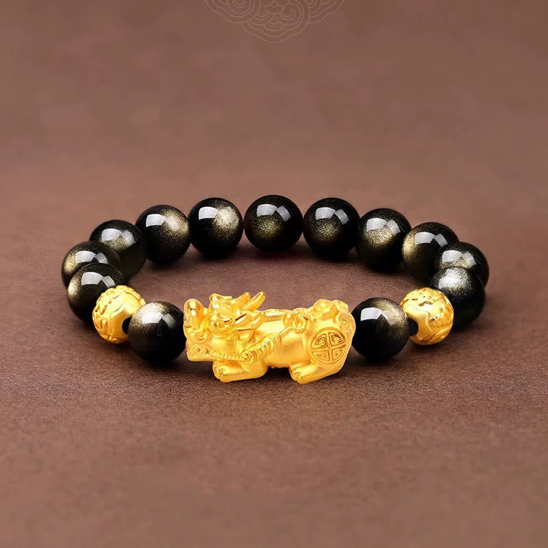 Buddha Stones Natural Gold Sheen Obsidian PiXiu Om Mani Padme Hum Wealth Bracelet