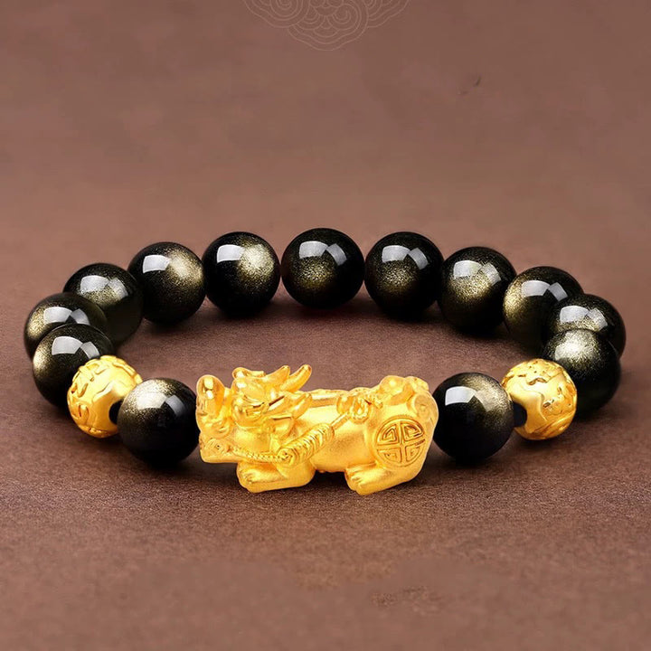 Buddha Stones Natural Gold Sheen Obsidian PiXiu Om Mani Padme Hum Wealth Bracelet