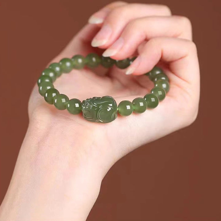 Buddha Stones Natural Hetian Jade PiXiu Carved Luck Bracelet