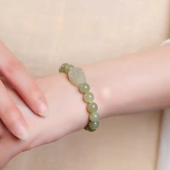 Buddha Stones Natural Hetian Jade PiXiu Carved Luck Bracelet