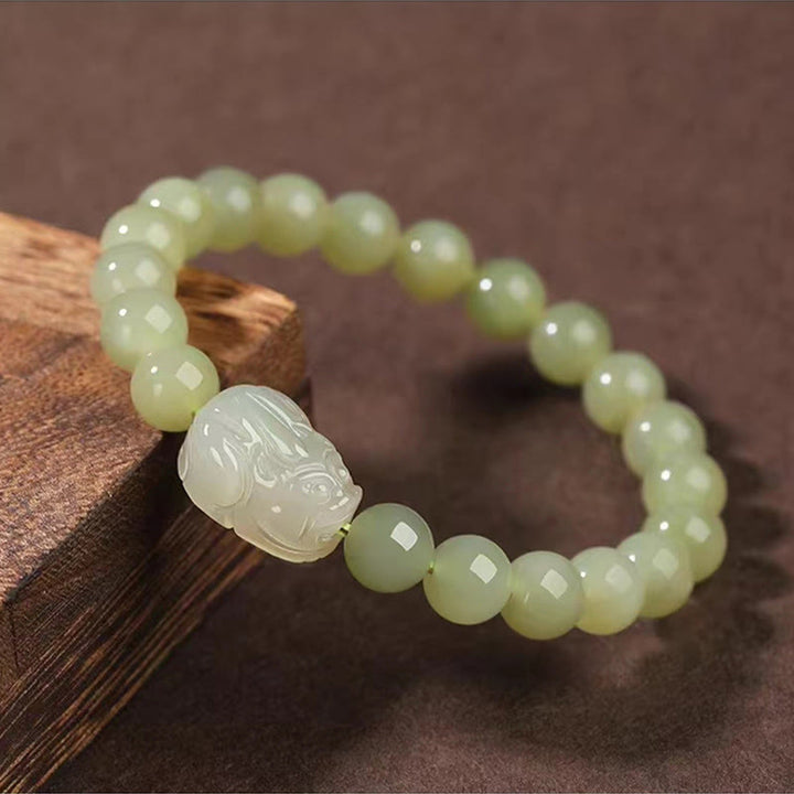 Buddha Stones Natural Hetian Jade PiXiu Carved Luck Bracelet