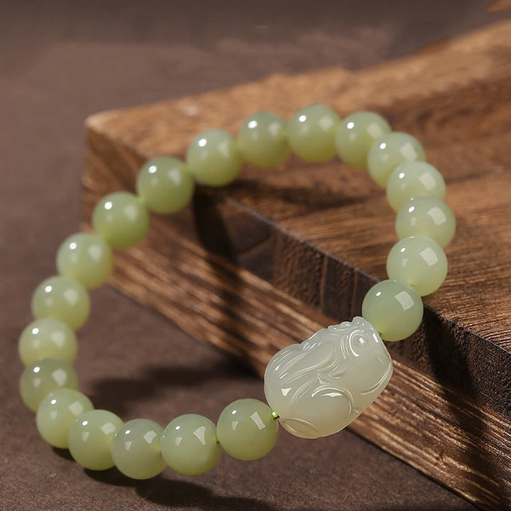 Buddha Stones Natural Hetian Jade PiXiu Carved Luck Bracelet