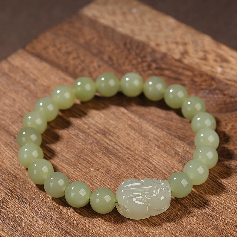 Buddha Stones Natural Hetian Jade PiXiu Carved Luck Bracelet