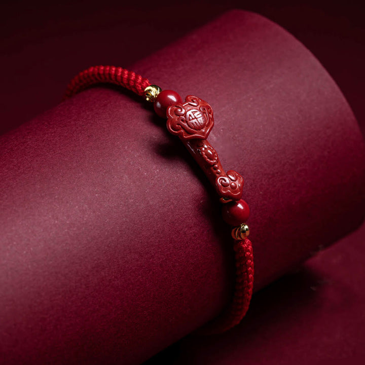 Buddha Stones Handmade Cinnabar Ruyi Handle Fu Character PiXiu Blessing Red String Braided Bracelet