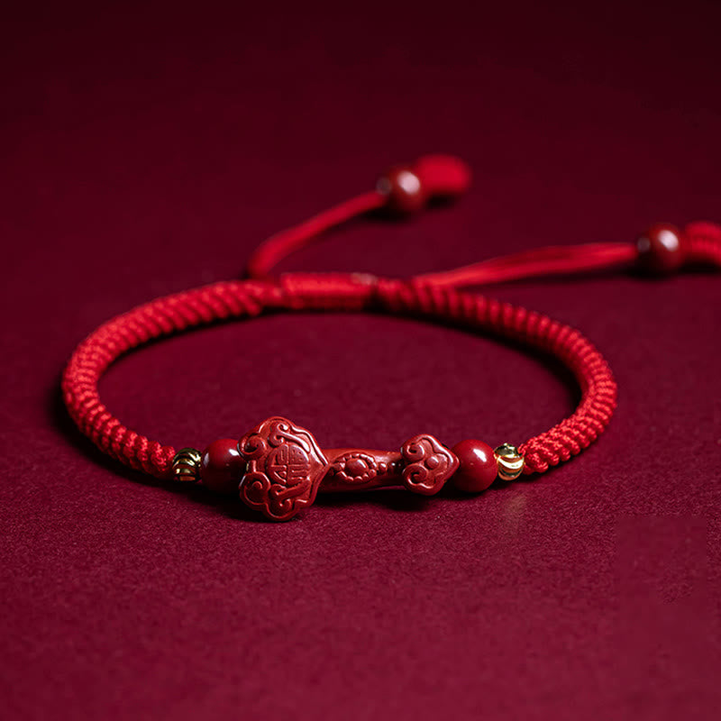 Buddha Stones Handmade Cinnabar Ruyi Handle Fu Character PiXiu Blessing Red String Braided Bracelet