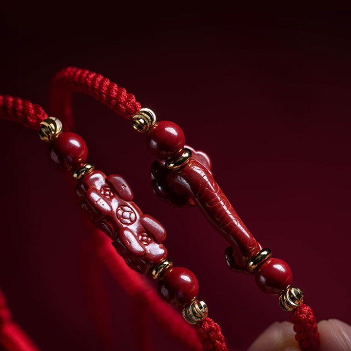 Buddha Stones Handmade Cinnabar Ruyi Handle Fu Character PiXiu Blessing Red String Braided Bracelet