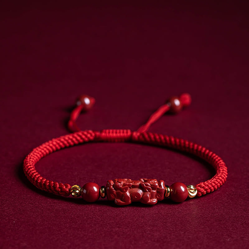 Buddha Stones Handmade Cinnabar Ruyi Handle Fu Character PiXiu Blessing Red String Braided Bracelet