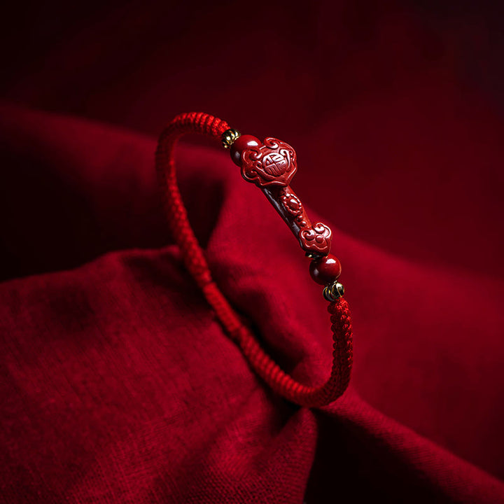 Buddha Stones Handmade Cinnabar Ruyi Handle Fu Character PiXiu Blessing Red String Braided Bracelet