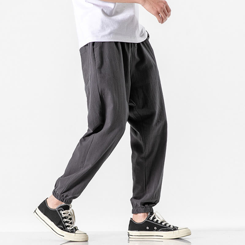 Buddha Stones Solid Color Drawstring Cotton Men's Pants With Pockets