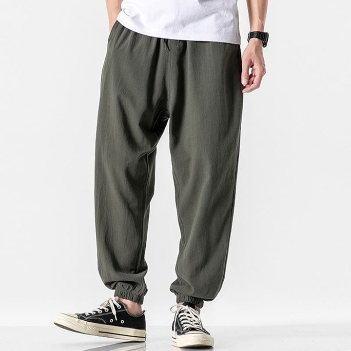 Buddha Stones Solid Color Drawstring Cotton Men's Pants With Pockets - image 1