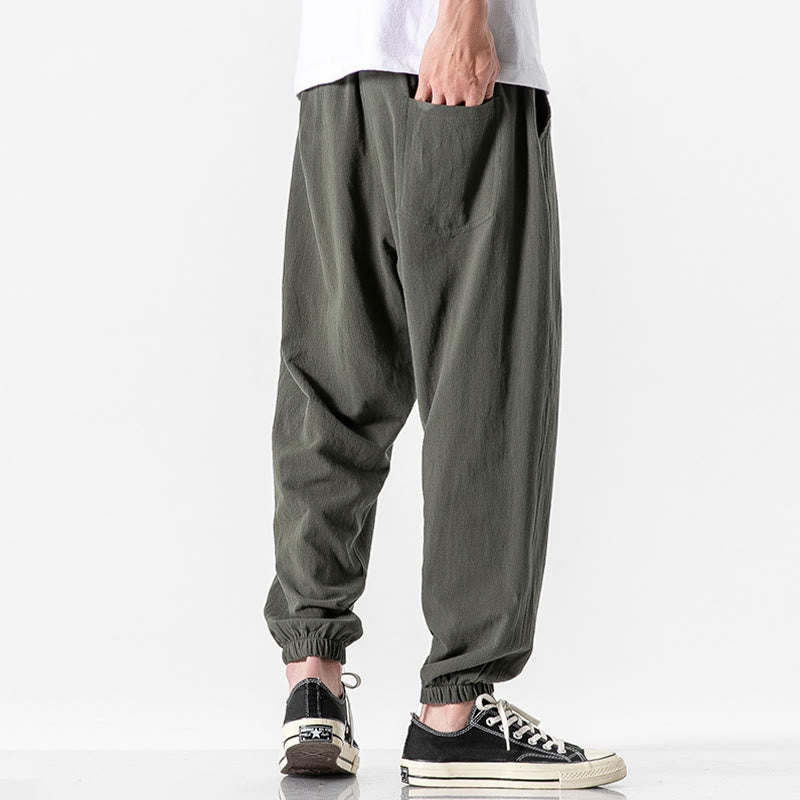 Buddha Stones Solid Color Drawstring Cotton Men's Pants With Pockets - image 2