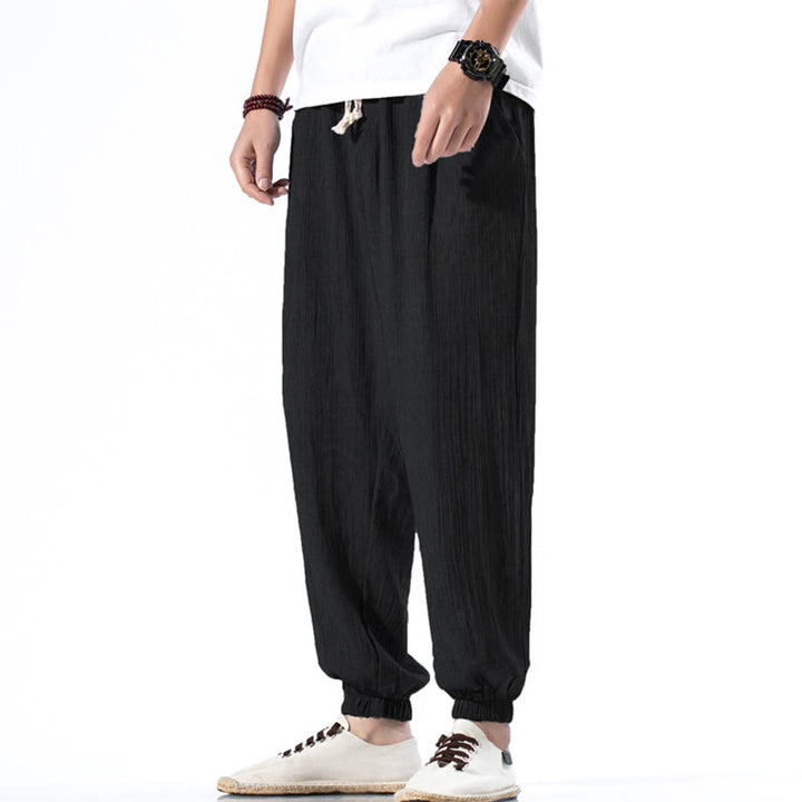 Buddha Stones Casual Solid Color Drawstring Linen Men's Pants With Pockets