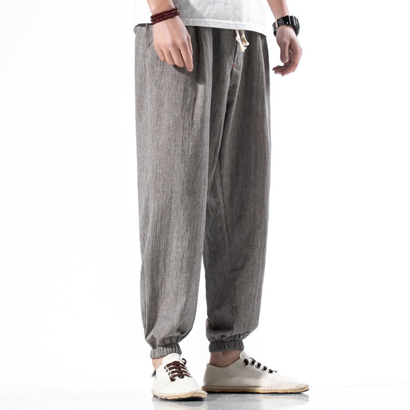 Buddha Stones Casual Solid Color Drawstring Linen Men's Pants With Pockets