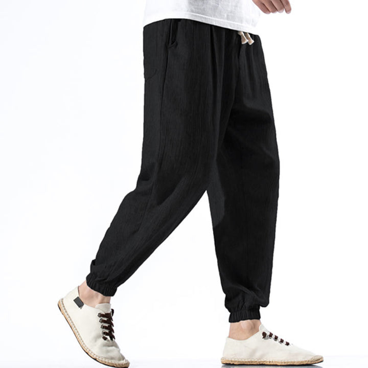 Buddha Stones Casual Solid Color Drawstring Linen Men's Pants With Pockets