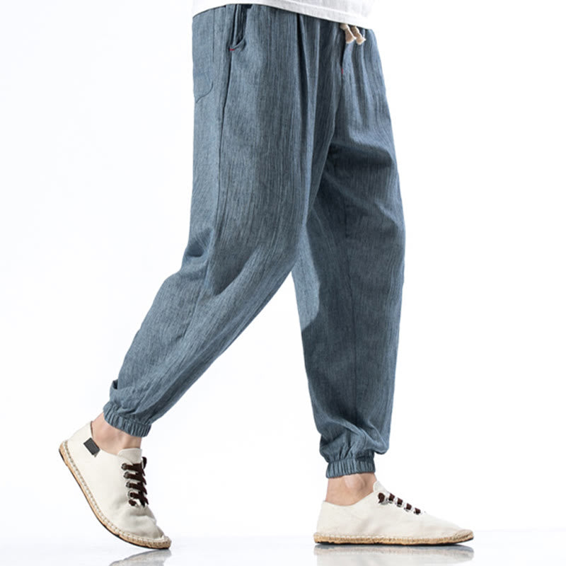 Buddha Stones Casual Solid Color Drawstring Linen Men's Pants With Pockets - image 3