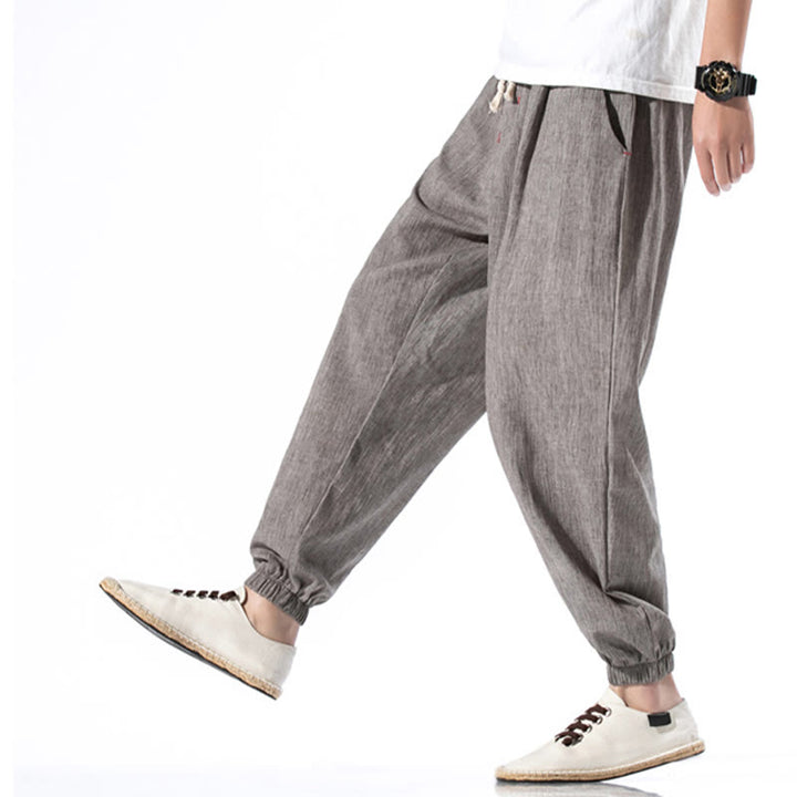 Buddha Stones Casual Solid Color Drawstring Linen Men's Pants With Pockets