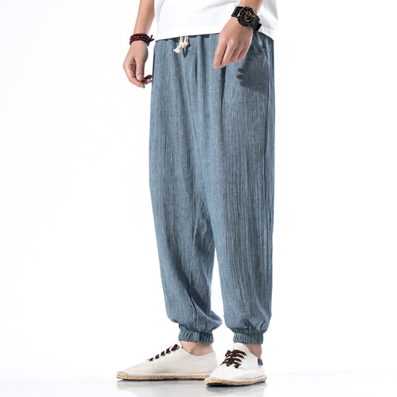 Buddha Stones Casual Solid Color Drawstring Linen Men's Pants With Pockets