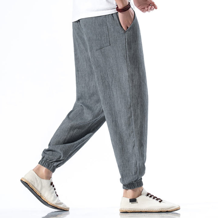 Buddha Stones Casual Solid Color Drawstring Linen Men's Pants With Pockets