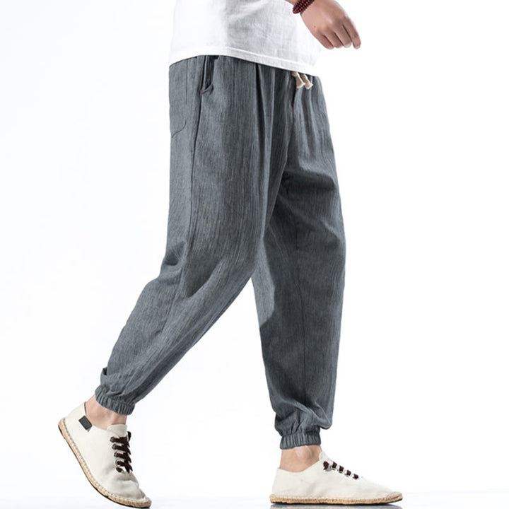 Buddha Stones Casual Solid Color Drawstring Linen Men's Pants With Pockets