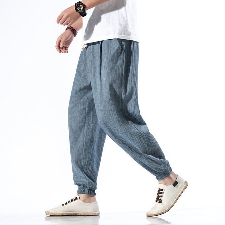 Buddha Stones Casual Solid Color Drawstring Linen Men's Pants With Pockets