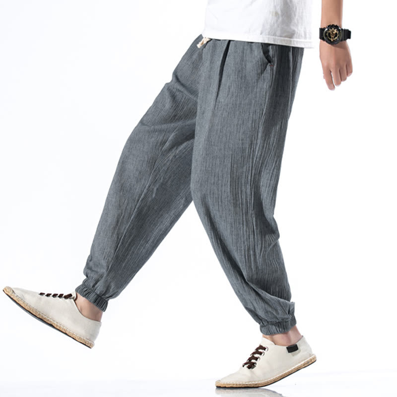 Buddha Stones Casual Solid Color Drawstring Linen Men's Pants With Pockets