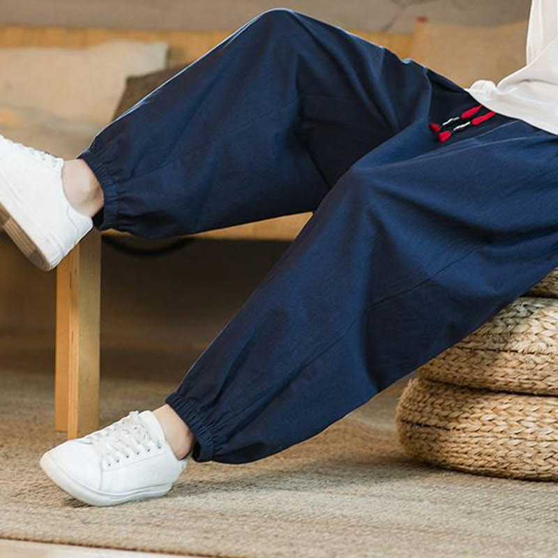 Buddha Stones Plain Color Red Drawstring Linen Men's  Pants With Pockets - image 36