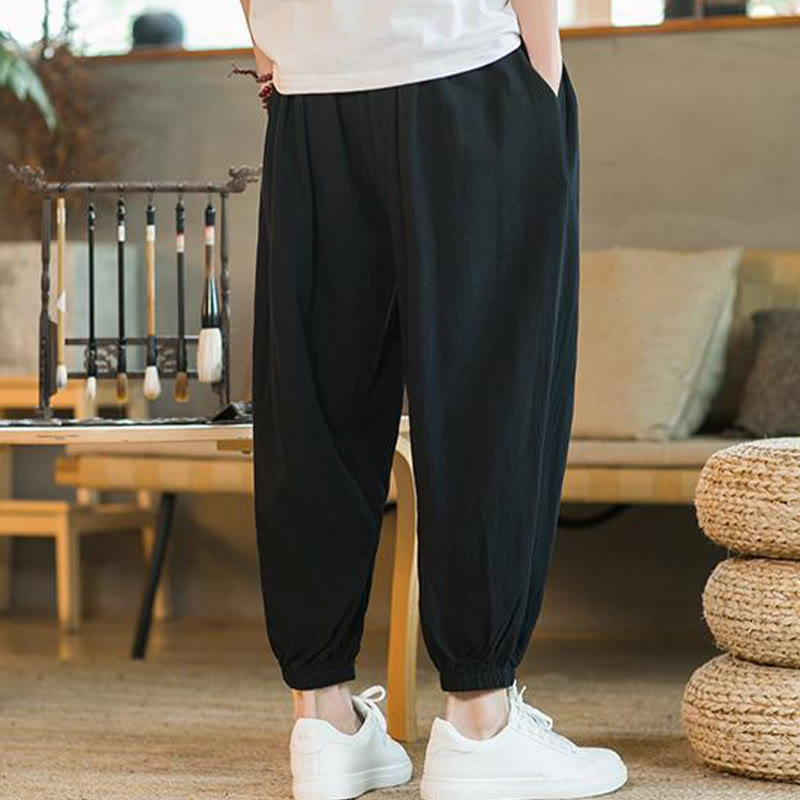 Buddha Stones Plain Color Red Drawstring Linen Men's  Pants With Pockets - image 20