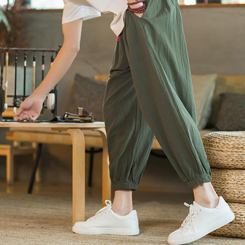 Buddha Stones Plain Color Red Drawstring Linen Men's  Pants With Pockets