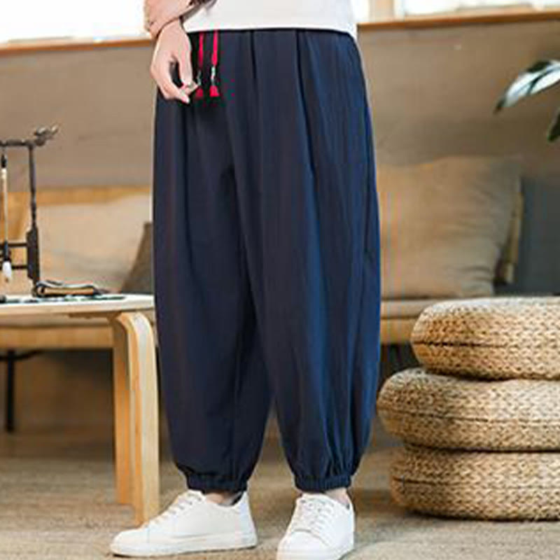 Buddha Stones Plain Color Red Drawstring Linen Men's  Pants With Pockets