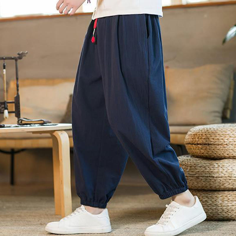 Buddha Stones Plain Color Red Drawstring Linen Men's  Pants With Pockets