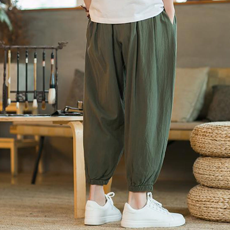 Buddha Stones Plain Color Red Drawstring Linen Men's  Pants With Pockets - image 5