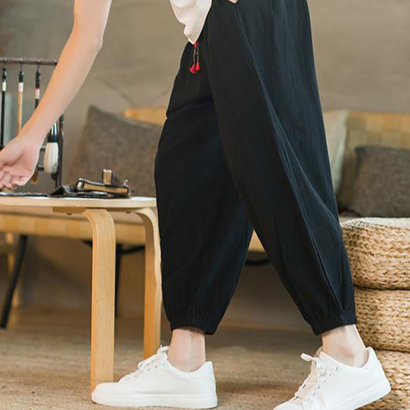 Buddha Stones Plain Color Red Drawstring Linen Men's  Pants With Pockets - image 16