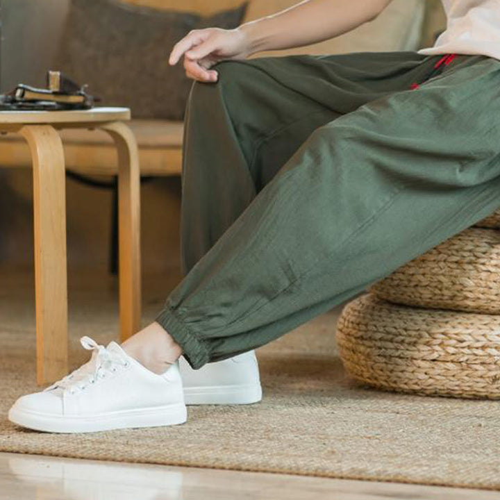 Buddha Stones Plain Color Red Drawstring Linen Men's  Pants With Pockets