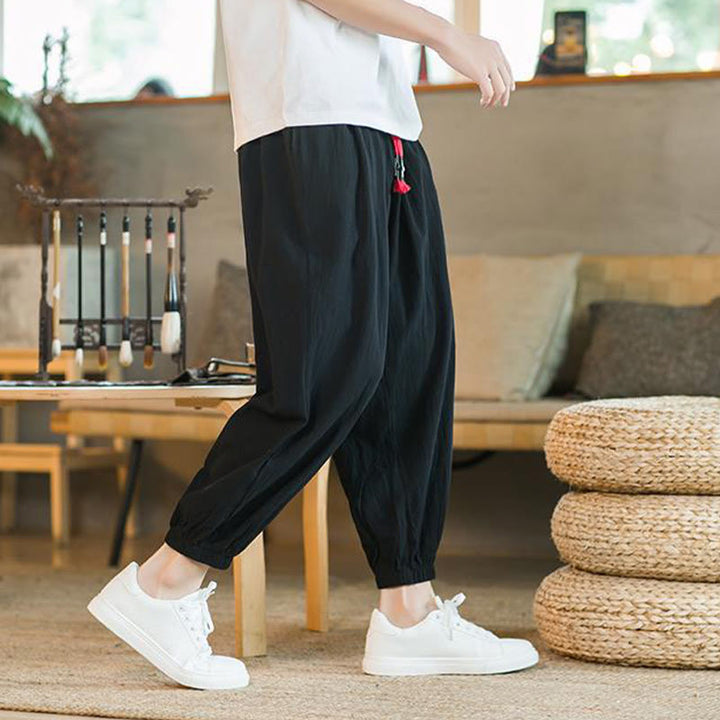 Buddha Stones Plain Color Red Drawstring Linen Men's  Pants With Pockets - image 19