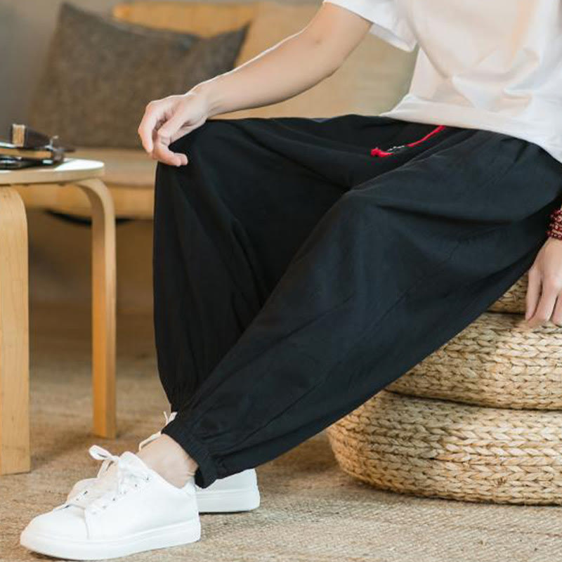 Buddha Stones Plain Color Red Drawstring Linen Men's  Pants With Pockets - image 21