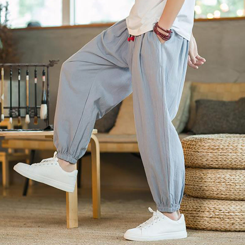 Buddha Stones Plain Color Red Drawstring Linen Men's  Pants With Pockets - image 25