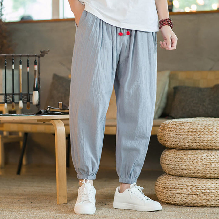 Buddha Stones Plain Color Red Drawstring Linen Men's  Pants With Pockets