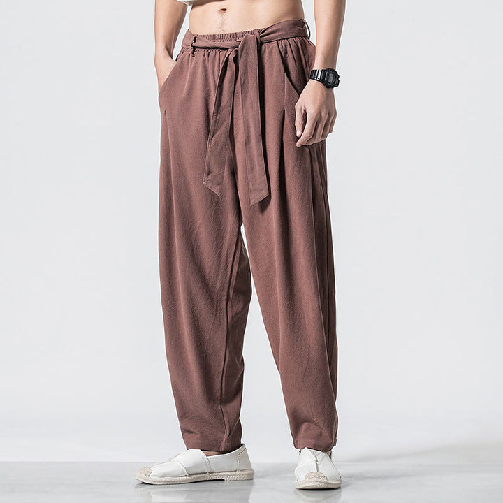 Buddha Stones Solid Color Lace-up Men's Cotton Linen Pants With Pockets