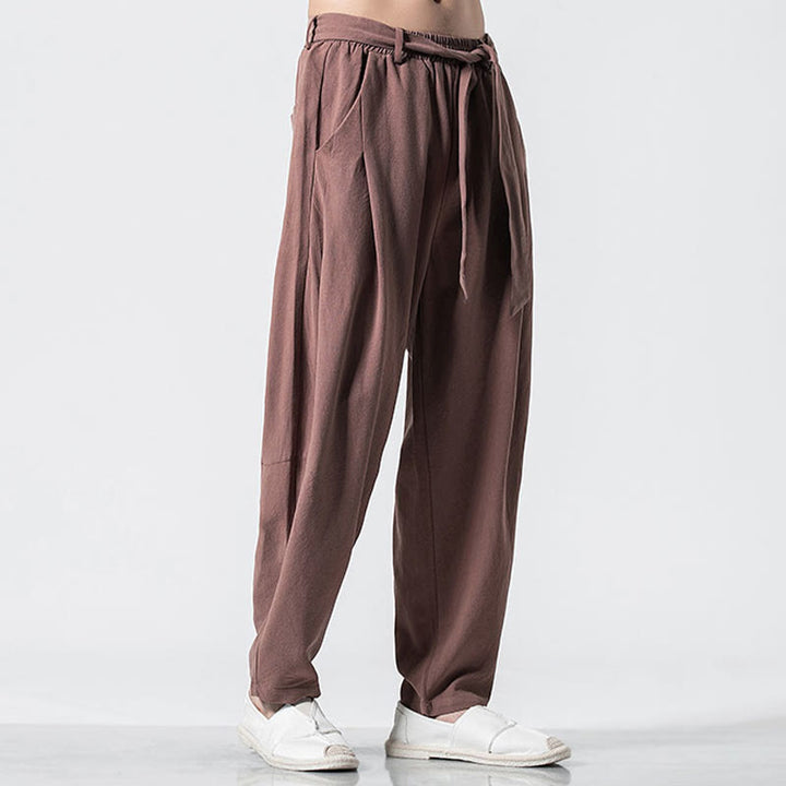 Buddha Stones Solid Color Lace-up Men's Cotton Linen Pants With Pockets