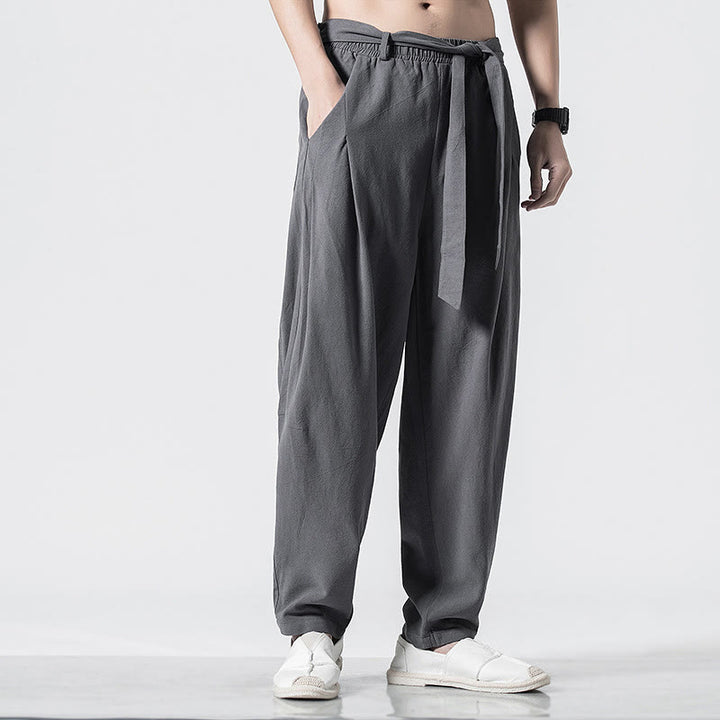 Buddha Stones Solid Color Lace-up Men's Cotton Linen Pants With Pockets