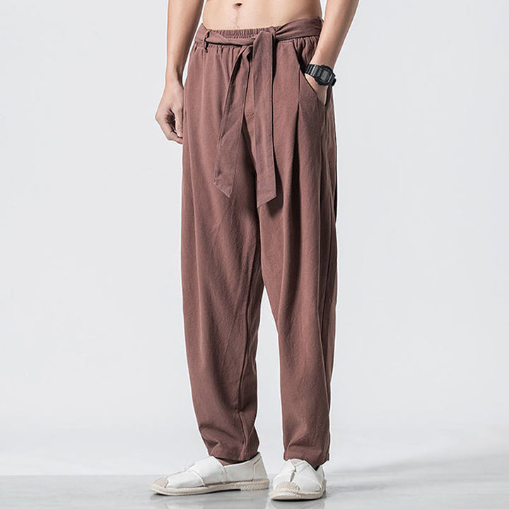 Buddha Stones Solid Color Lace-up Men's Cotton Linen Pants With Pockets