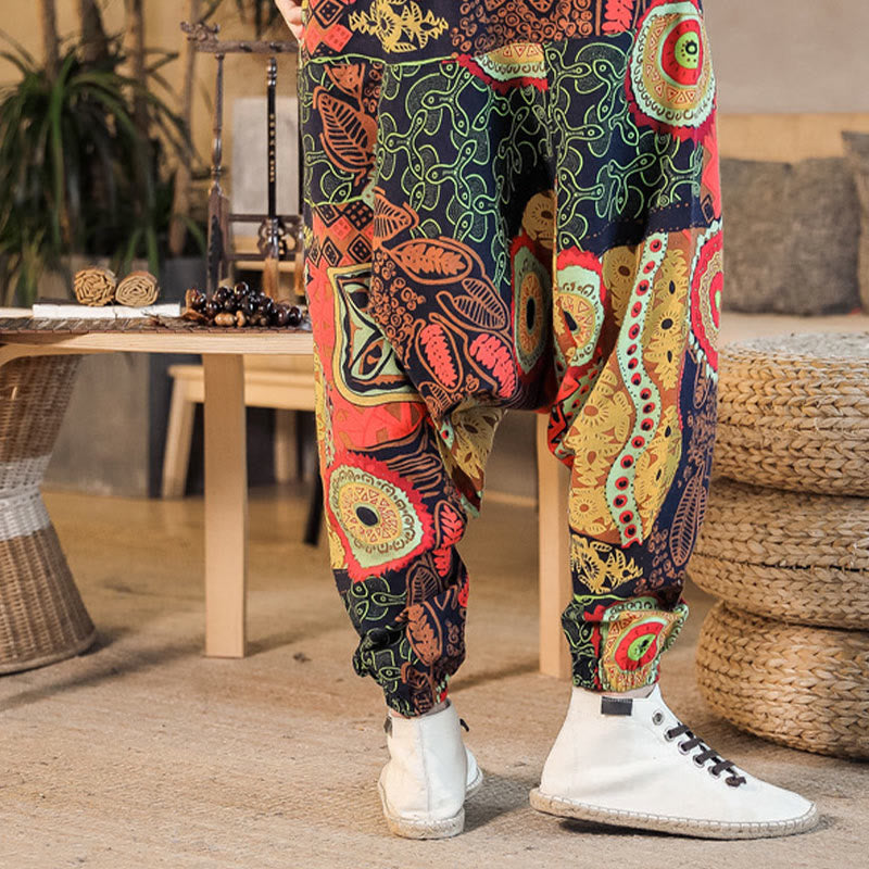 Buddha Stones Red Gold Casual Leaves Print Cotton Men's Harem Pants With Pockets - image 3